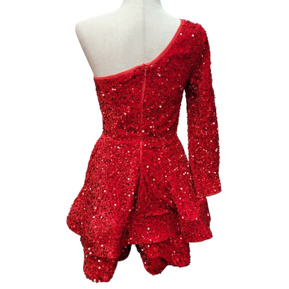 NWT Bright Red Size 2 Asymmetric One Long Sleeve Short Sequin Dress - Picture 5 of 13